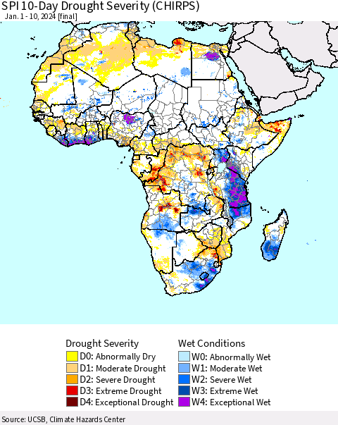 Africa SPI 10-Day Drought Severity (CHIRPS) Thematic Map For 1/1/2024 - 1/10/2024