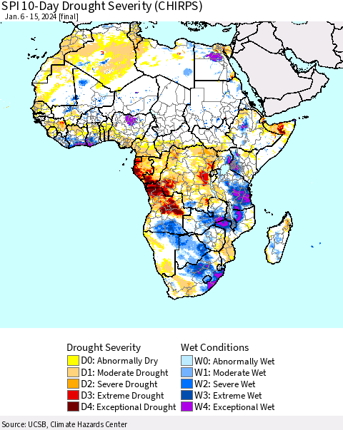 Africa SPI 10-Day Drought Severity (CHIRPS) Thematic Map For 1/6/2024 - 1/15/2024