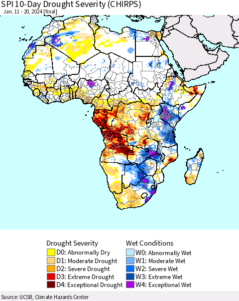 Africa SPI 10-Day Drought Severity (CHIRPS) Thematic Map For 1/11/2024 - 1/20/2024