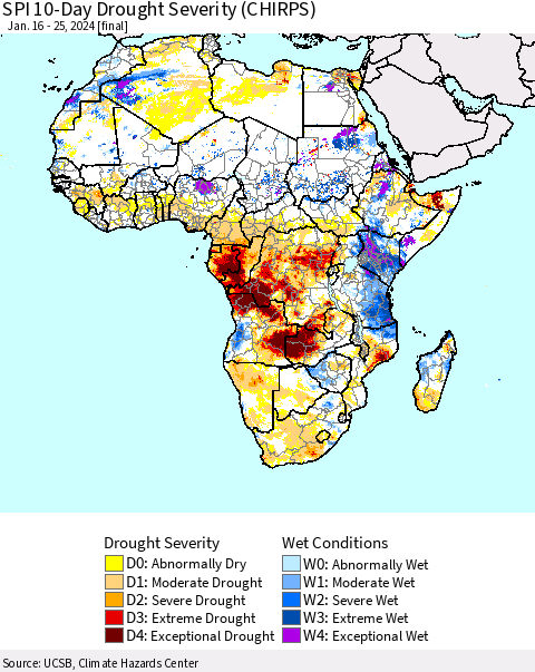 Africa SPI 10-Day Drought Severity (CHIRPS) Thematic Map For 1/16/2024 - 1/25/2024