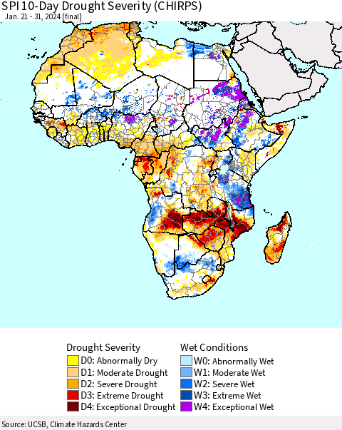 Africa SPI 10-Day Drought Severity (CHIRPS) Thematic Map For 1/21/2024 - 1/31/2024