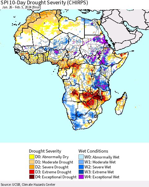 Africa SPI 10-Day Drought Severity (CHIRPS) Thematic Map For 1/26/2024 - 2/5/2024