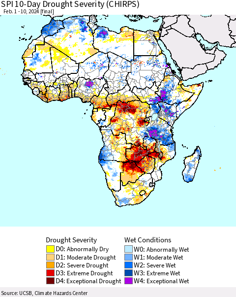 Africa SPI 10-Day Drought Severity (CHIRPS) Thematic Map For 2/1/2024 - 2/10/2024