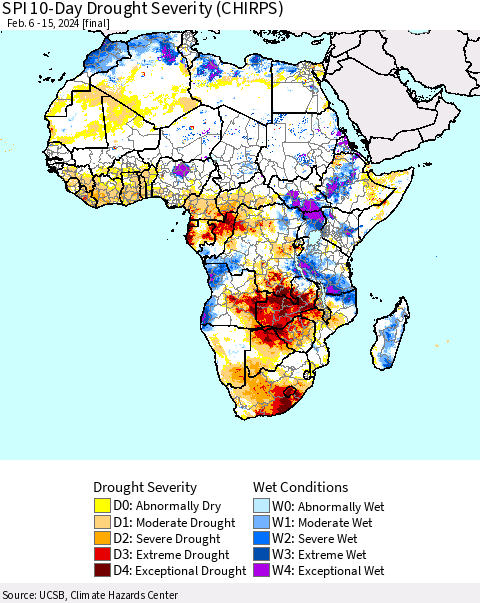Africa SPI 10-Day Drought Severity (CHIRPS) Thematic Map For 2/6/2024 - 2/15/2024