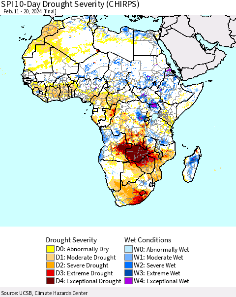 Africa SPI 10-Day Drought Severity (CHIRPS) Thematic Map For 2/11/2024 - 2/20/2024