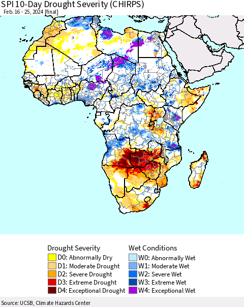 Africa SPI 10-Day Drought Severity (CHIRPS) Thematic Map For 2/16/2024 - 2/25/2024
