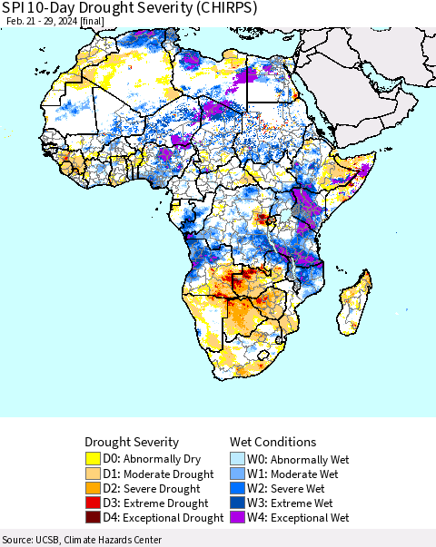 Africa SPI 10-Day Drought Severity (CHIRPS) Thematic Map For 2/21/2024 - 2/29/2024