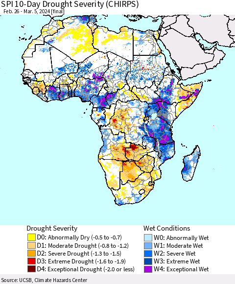 Africa SPI 10-Day Drought Severity (CHIRPS) Thematic Map For 2/26/2024 - 3/5/2024