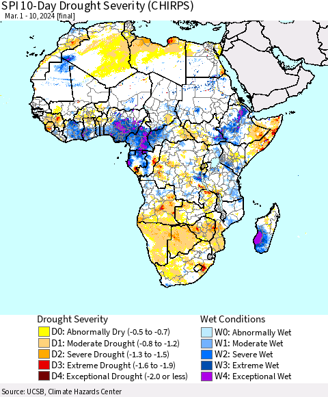 Africa SPI 10-Day Drought Severity (CHIRPS) Thematic Map For 3/1/2024 - 3/10/2024