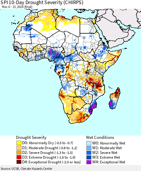 Africa SPI 10-Day Drought Severity (CHIRPS) Thematic Map For 3/6/2024 - 3/15/2024