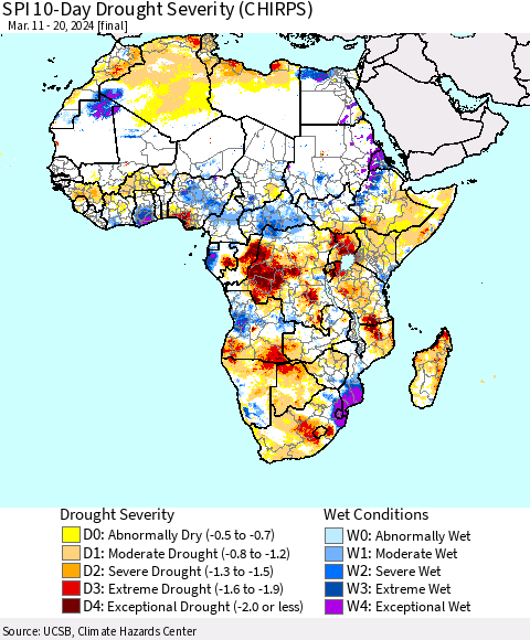 Africa SPI 10-Day Drought Severity (CHIRPS) Thematic Map For 3/11/2024 - 3/20/2024