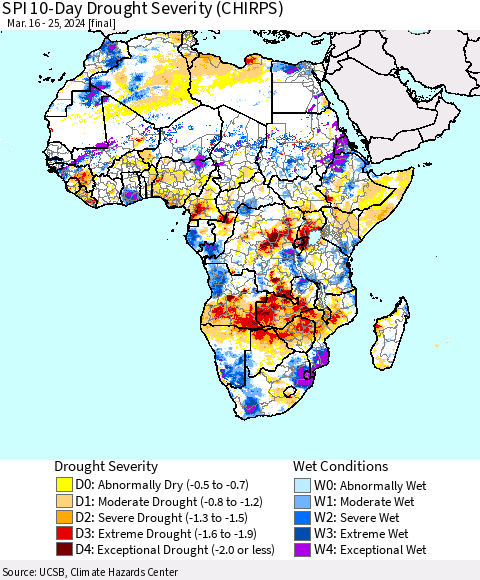 Africa SPI 10-Day Drought Severity (CHIRPS) Thematic Map For 3/16/2024 - 3/25/2024