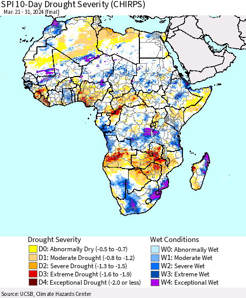 Africa SPI 10-Day Drought Severity (CHIRPS) Thematic Map For 3/21/2024 - 3/31/2024