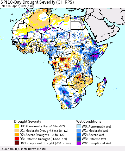 Africa SPI 10-Day Drought Severity (CHIRPS) Thematic Map For 3/26/2024 - 4/5/2024