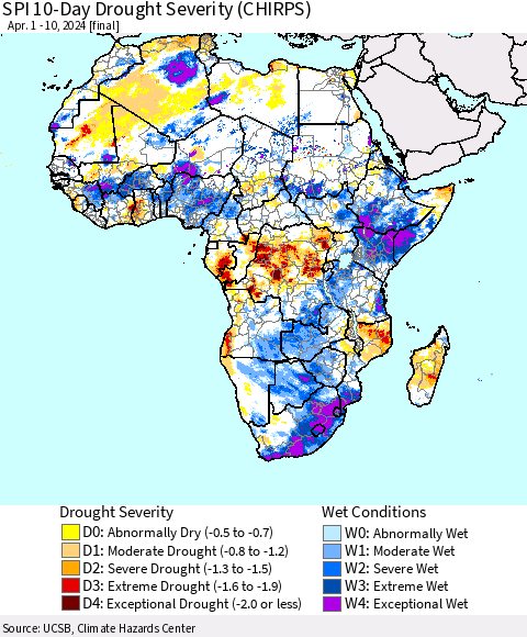 Africa SPI 10-Day Drought Severity (CHIRPS) Thematic Map For 4/1/2024 - 4/10/2024