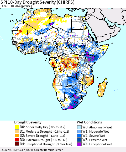 Africa SPI 10-Day Drought Severity (CHIRPS) Thematic Map For 4/1/2024 - 4/10/2024