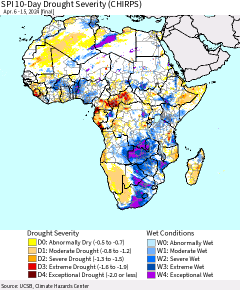 Africa SPI 10-Day Drought Severity (CHIRPS) Thematic Map For 4/6/2024 - 4/15/2024