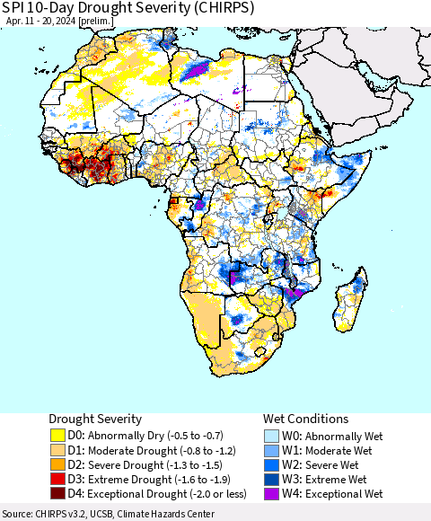 Africa SPI 10-Day Drought Severity (CHIRPS) Thematic Map For 4/11/2024 - 4/20/2024