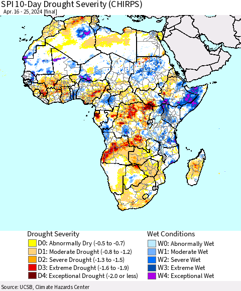 Africa SPI 10-Day Drought Severity (CHIRPS) Thematic Map For 4/16/2024 - 4/25/2024