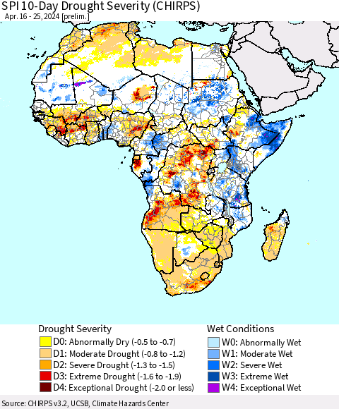 Africa SPI 10-Day Drought Severity (CHIRPS) Thematic Map For 4/16/2024 - 4/25/2024