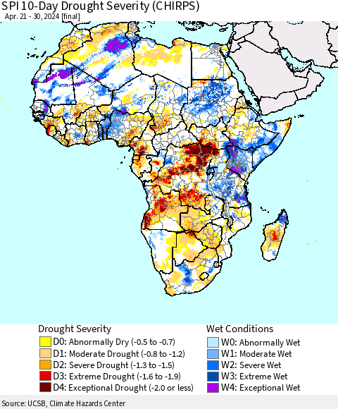 Africa SPI 10-Day Drought Severity (CHIRPS) Thematic Map For 4/21/2024 - 4/30/2024
