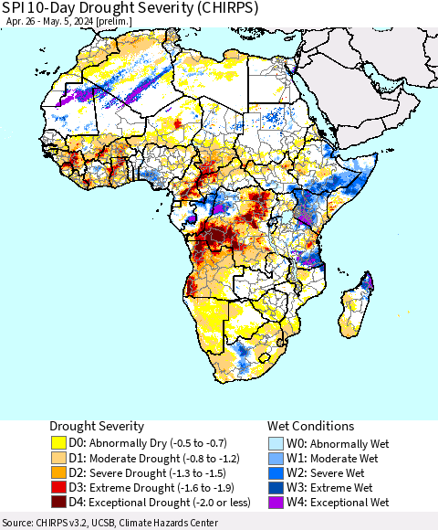 Africa SPI 10-Day Drought Severity (CHIRPS) Thematic Map For 4/26/2024 - 5/5/2024