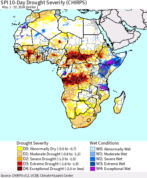 Africa SPI 10-Day Drought Severity (CHIRPS) Thematic Map For 5/1/2024 - 5/10/2024