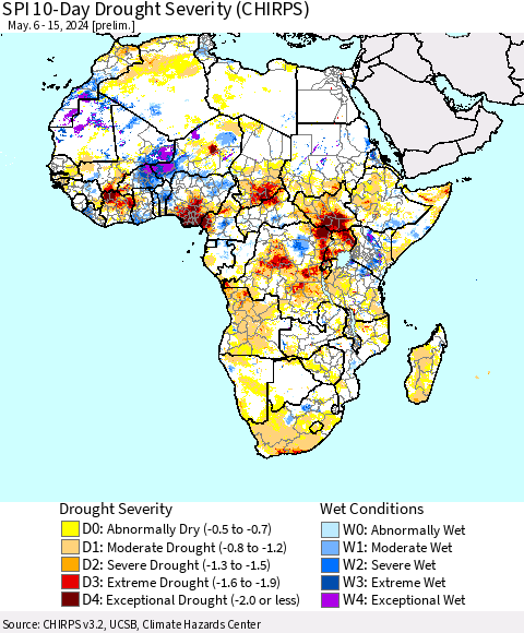 Africa SPI 10-Day Drought Severity (CHIRPS) Thematic Map For 5/6/2024 - 5/15/2024