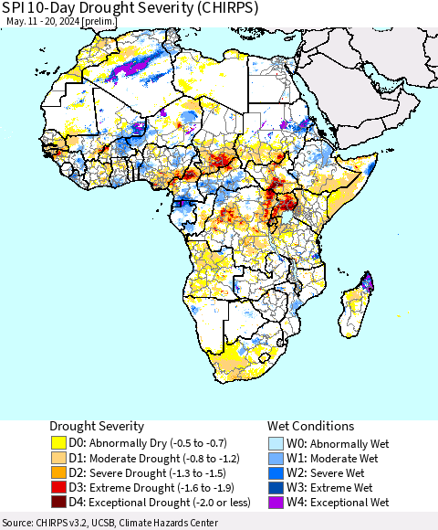 Africa SPI 10-Day Drought Severity (CHIRPS) Thematic Map For 5/11/2024 - 5/20/2024