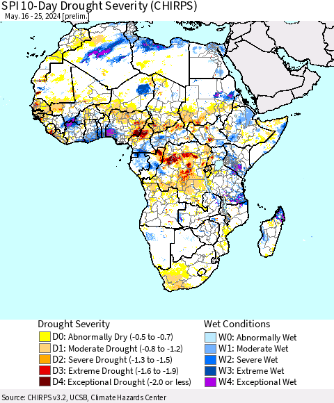 Africa SPI 10-Day Drought Severity (CHIRPS) Thematic Map For 5/16/2024 - 5/25/2024