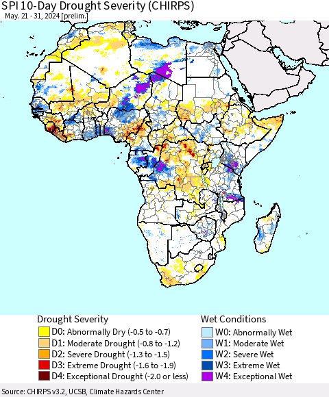 Africa SPI 10-Day Drought Severity (CHIRPS) Thematic Map For 5/21/2024 - 5/31/2024