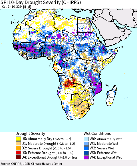 Africa SPI 10-Day Drought Severity (CHIRPS) Thematic Map For 10/1/2024 - 10/10/2024