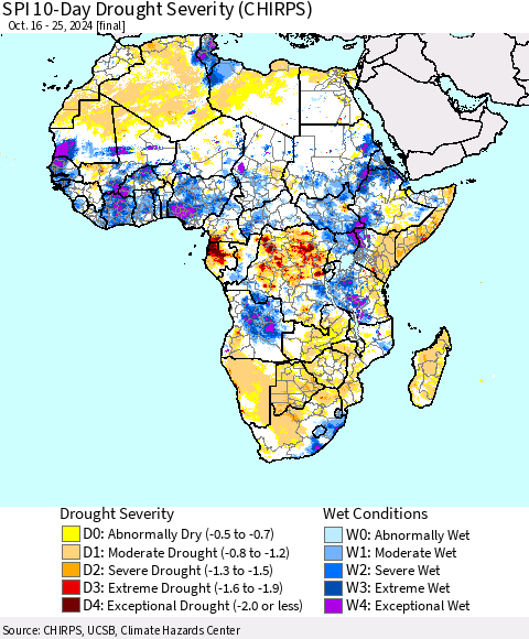 Africa SPI 10-Day Drought Severity (CHIRPS) Thematic Map For 10/16/2024 - 10/25/2024