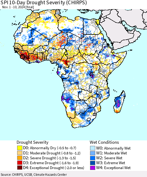 Africa SPI 10-Day Drought Severity (CHIRPS) Thematic Map For 11/1/2024 - 11/10/2024