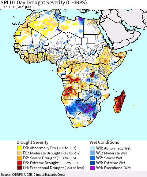 Africa SPI 10-Day Drought Severity (CHIRPS) Thematic Map For 1/1/2025 - 1/10/2025