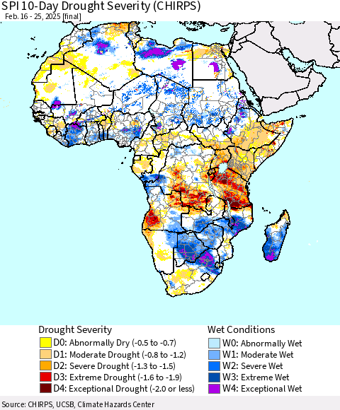 Africa SPI 10-Day Drought Severity (CHIRPS) Thematic Map For 2/16/2025 - 2/25/2025