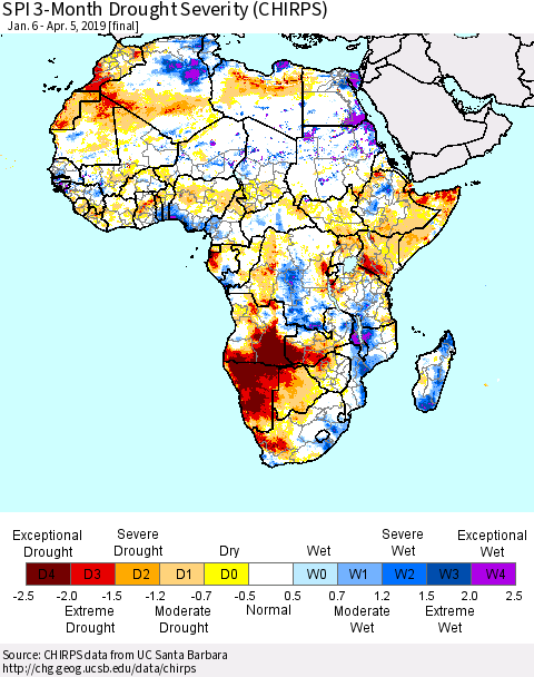 Africa SPI 3-Month Drought Severity (CHIRPS) Thematic Map For 1/6/2019 - 4/5/2019