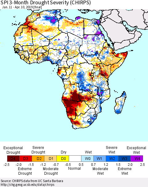Africa SPI 3-Month Drought Severity (CHIRPS) Thematic Map For 1/11/2019 - 4/10/2019