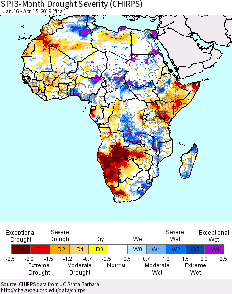Africa SPI 3-Month Drought Severity (CHIRPS) Thematic Map For 1/16/2019 - 4/15/2019