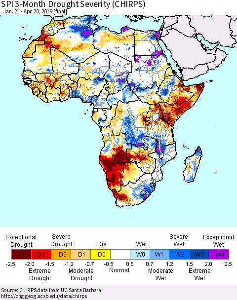 Africa SPI 3-Month Drought Severity (CHIRPS) Thematic Map For 1/21/2019 - 4/20/2019