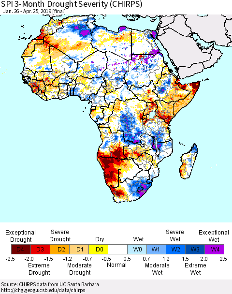 Africa SPI 3-Month Drought Severity (CHIRPS) Thematic Map For 1/26/2019 - 4/25/2019