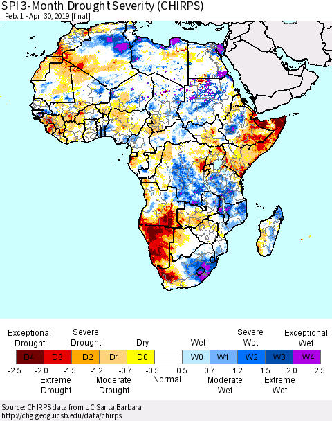 Africa SPI 3-Month Drought Severity (CHIRPS) Thematic Map For 2/1/2019 - 4/30/2019