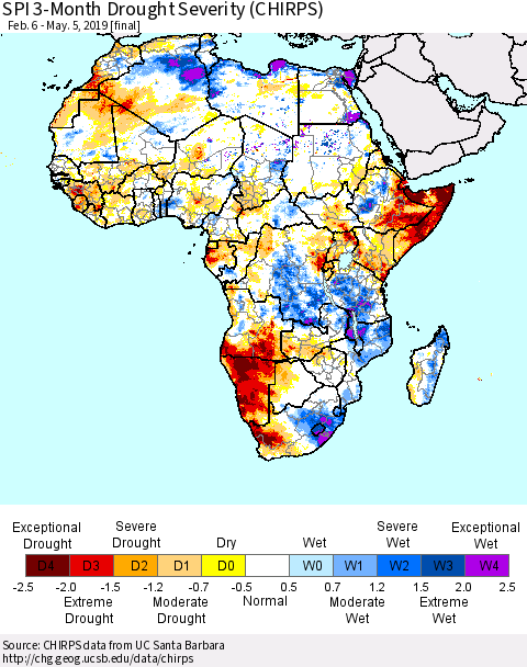 Africa SPI 3-Month Drought Severity (CHIRPS) Thematic Map For 2/6/2019 - 5/5/2019