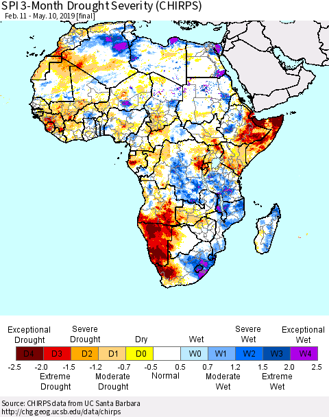 Africa SPI 3-Month Drought Severity (CHIRPS) Thematic Map For 2/11/2019 - 5/10/2019