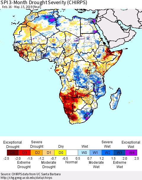 Africa SPI 3-Month Drought Severity (CHIRPS) Thematic Map For 2/16/2019 - 5/15/2019