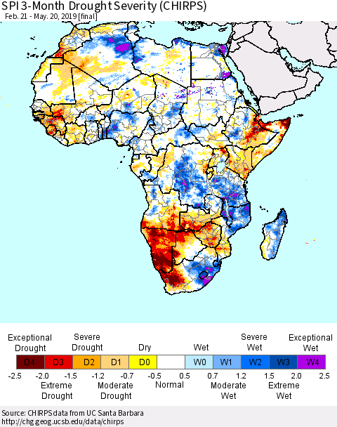 Africa SPI 3-Month Drought Severity (CHIRPS) Thematic Map For 2/21/2019 - 5/20/2019