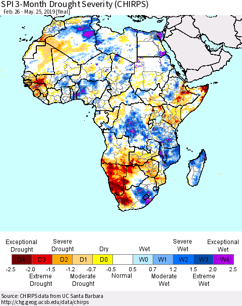 Africa SPI 3-Month Drought Severity (CHIRPS) Thematic Map For 2/26/2019 - 5/25/2019