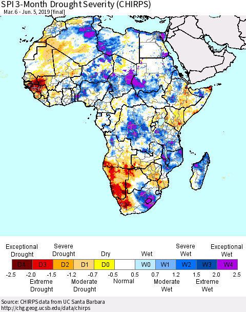 Africa SPI 3-Month Drought Severity (CHIRPS) Thematic Map For 3/6/2019 - 6/5/2019
