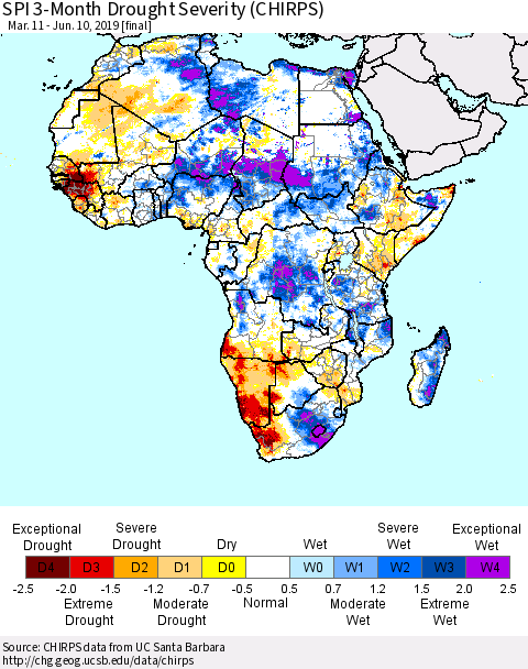 Africa SPI 3-Month Drought Severity (CHIRPS) Thematic Map For 3/11/2019 - 6/10/2019