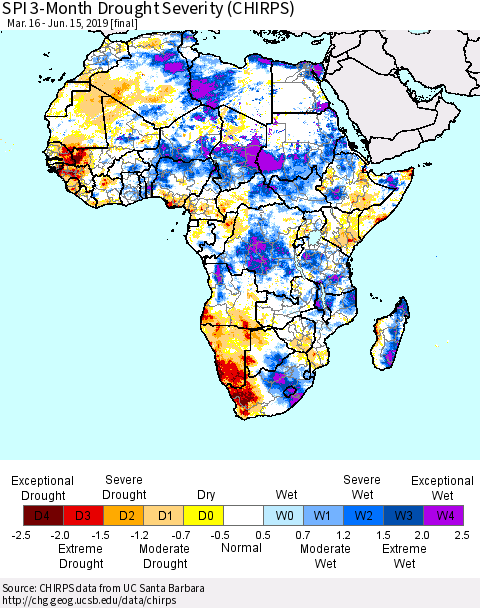Africa SPI 3-Month Drought Severity (CHIRPS) Thematic Map For 3/16/2019 - 6/15/2019